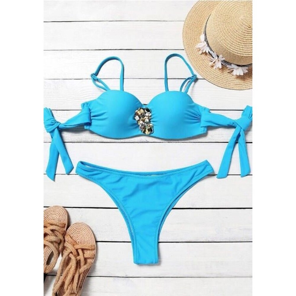 Women's Two Piece Lake Blue Rhinestone Tie Bikini Set - Med